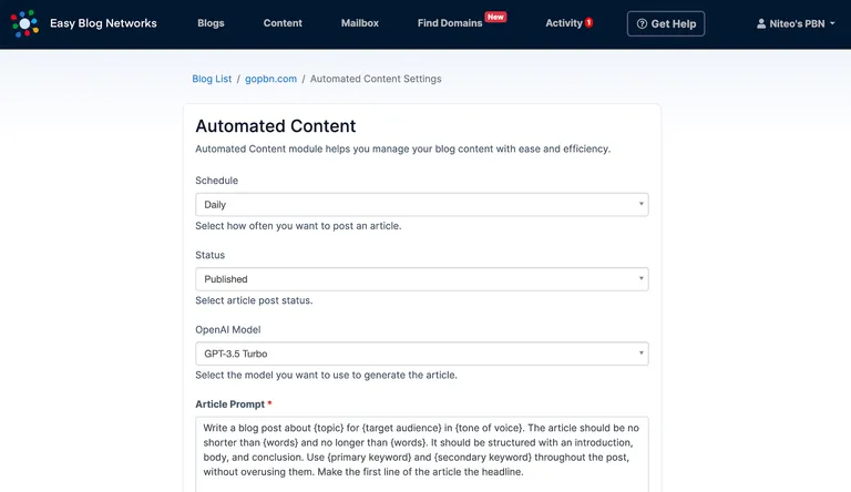 automate content posting with gpt integration automated content settings screenshot