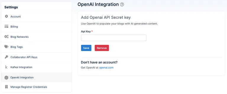 openai integration openai api key settings