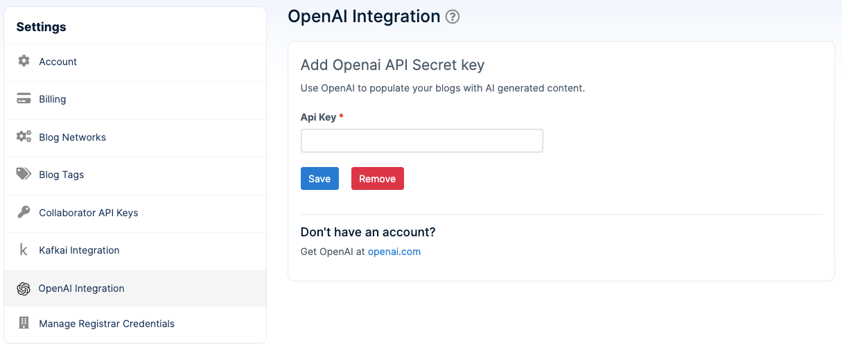 openai integration openai api key settings
